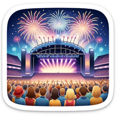 An icon showing a stadium stage with a concert in full swing, bright stage lights illuminating the performers, and fireworks bursting in the sky. The excitement of the crowd is palpable, symbolizing a love for live music and unforgettable shows. transparent background. sticker