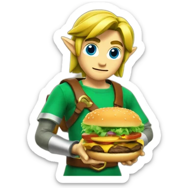 Link from The Legend of Zelda with a burger in One hand sticker