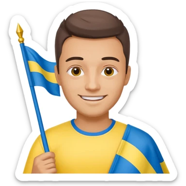 photorealistic Ukrainian man with the flag of Ukraine sticker