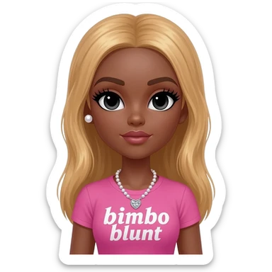doll body , dark brown eyebrows, dark skin girl, pearl earring stud, Long giant lashes, Doll faced shaped,swarovski heart with Rhodium plated pearls necklace, bimbo, black doll eyes, barbie, dark brown skin, with honey blonde hair, big breast, t shirt says “bimbo blunt” sticker