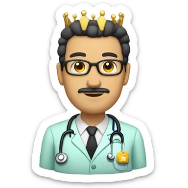 Bald tan male doctor with a crown and black beard and a crown sticker