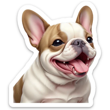 Cinematic Cute Yawning Pied French Bulldog Portrait Emoji, Head tilted with an exaggerated, endearing yawn and sleepy, squinty eyes, showcasing a unique pied fur of contrasting colors with a playful expression, simplified yet irresistibly adorable, highly detailed, glowing with a soft, cozy radiance, high shine, exuding a relaxed, humorous charm, styled with a gentle, soft glowing outline, capturing the essence of a Pied French Bulldog in a blissfully cute yawn that warms the heart! sticker