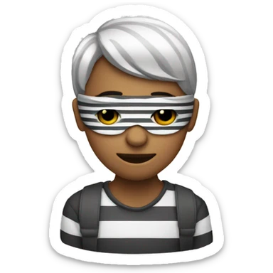 A person wearing stripped shirt and mask around eyes sticker