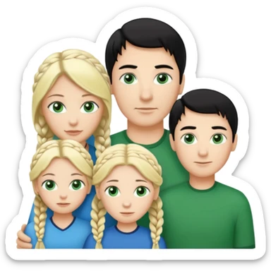 familia hombre de pelo negro con un mechon blanco de piel blanca ojos verdes, esposa de rubia con una trenza y ojos azules, hija rubia de ojos verdes y hijo pelinegro con ojos verdes sticker