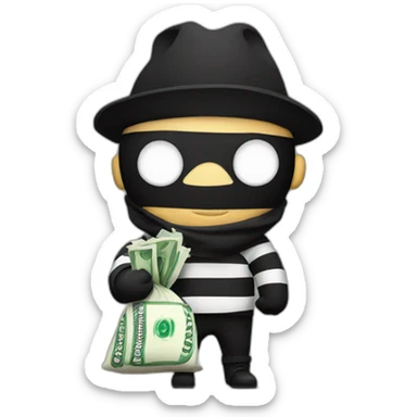 a bandit in striped clothes and a black mask over his eyes, carries a bag of money behind his back sticker