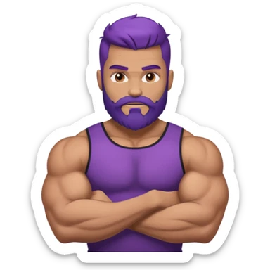 strong muscular man with big bicepts with half dark brown and half purple hair with beard sticker
