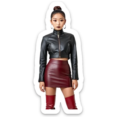 Full-body shot of an East Asian woman with a sleek bun at the nape of the neck, not a high bun. Oversized black leather jacket to the hips, black turtleneck, silver orb necklace. Red leather mini skirt, burgundy tights, red long boots. Fashion-editorial style. sticker