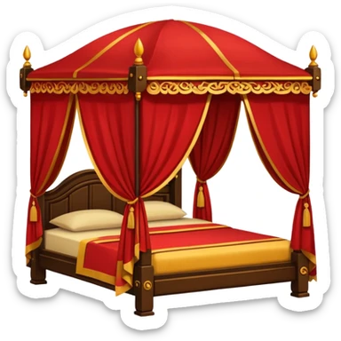 bed with red and gold sheets, wooden, canopy, simple, dark sticker