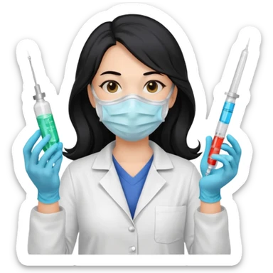 laboratorista con guantes  y mascarilla jeringa tubos  pelo negro largo triguella sticker