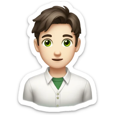 Boy, pale skin, dark green eyes, brunet, white collared shirt, blushing, nervous, hands sticker