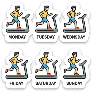A picture is into seven parts showing a sportsman runnig on the treadmill. In each little picture there is a name of the days of the week, from monday to sunday sticker