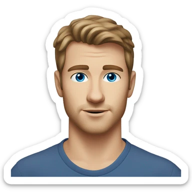 A head and shoulders shot of a 25 year old Caucasian man, with short brown hair, with stubble facial hair,   with blue eyes wearing a t-shirt. sticker