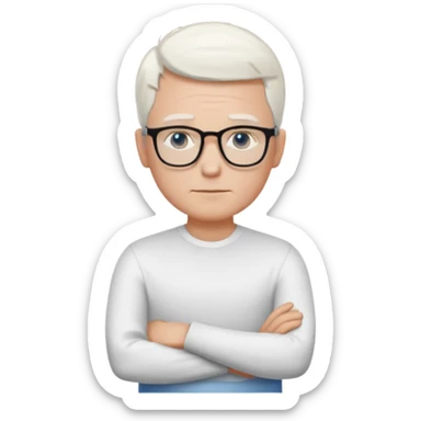 Thin white man, short white hair, black thin square glasses, white shirt, blue eyes, ceo - no tie - arms folded- stood right sticker