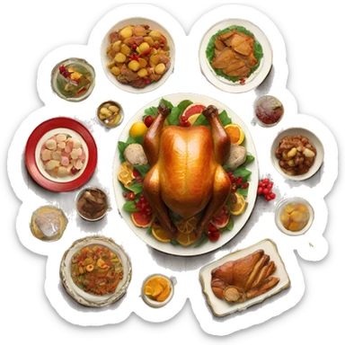 vintage wooden table with christmas feast of turkey and foods sticker