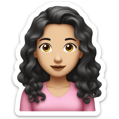 Beautiful girl,Black hair,wavy hair，long hair,Black eyes,Chinese, typing on computer, pink top sticker