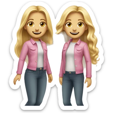 An emoji of twin girls with long blonde hair, standing side by side, wearing matching outfits and smiling sticker