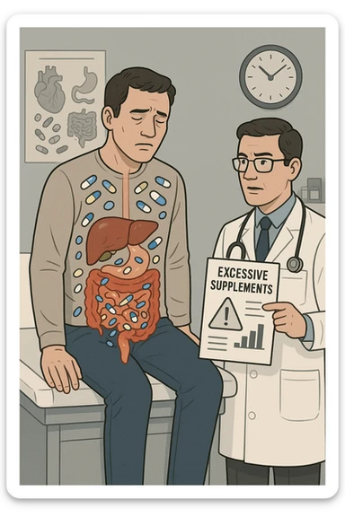 a man sits on a doctor’s examination table, looking fatigued and uncomfortable. A transparent anatomical overlay reveals his liver and intestines, both appearing inflamed and congested, with stylized supplement capsules and pills scattered throughout the digestive tract. The doctor stands nearby, holding a chart that highlights the risks of excessive supplement use. The mood is clinical and educational. sticker