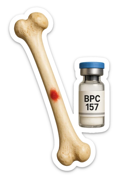 osso umano con red spot fluttua insiema a fiala medica con la scritta "BPC 157" SULL'ETICHETTA, iperrealistiche 4k sticker