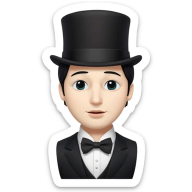 A man with snow white skin, a black half mask with an eye hole, a black top hat, a black vest with a black tie tucked underneath, and a white collared shirt. Closed eyes. sticker