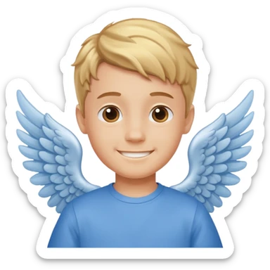 smiling boy in blue shirt with angel wings sticker