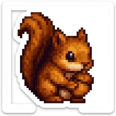 A baby squirrel holding an acorn in pixel art style with transparent background. Please maintain the pixel art style look. sticker