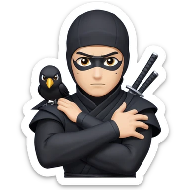 clash-of-clans-aesthetic_-cinematic-mysterious-male-ninja-portrait-emoji, rendered in a flat, vector-style with minimal shading and bold, simplified shapes, his arm is stretched out  with a head slightly turned revealing intense, focused eyes. the ninja has his arm out and perched on top of his forearm is  a black crow sticker