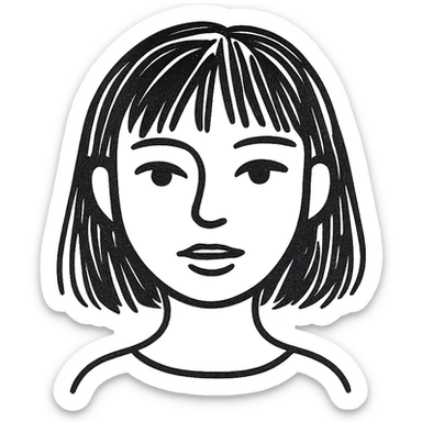 portrait of a girl with black shoulder-length hair, bangs, black almond-shaped eyes, full lips, and straight nose, hand drawn style sticker