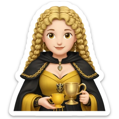 Helga Hufflepuff, 2 curly thick brown braids, yellow-black medieval dress, black cloak decorated with gold braiding, tiny two-handled shiny yellow-gold cup, very kind smile, curvy busty sweet woman, thick rosy cheeks sticker