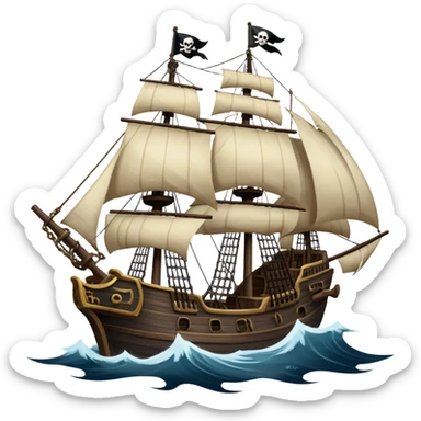 An icon representing an adventure game, inspired by high-seas exploration. The design features a fearless pirate gripping the wheel of a grand sailing ship, its tattered Jolly Roger flag billowing as it cuts through stormy waters. The scene evokes danger, treasure, and the thrill of the open sea. Transparent background. sticker