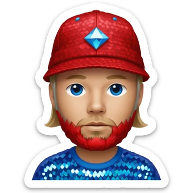 Fred Durst with long dark blonde hair, red sequin shirt and hat, blue eye sticker