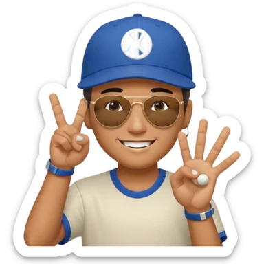 Cool hip guy with NY baseball cap and sunglasses doing a peace sign with one of his hands sticker