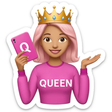 Crear una reina morena clara con ropa rosa sosteniendo la palabra Queen en sus manos sticker
