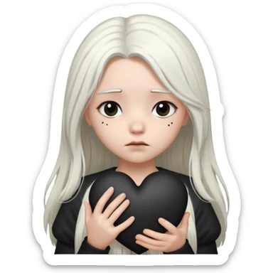 A girl with long white hair is sad and holds a black heart in her hands sticker