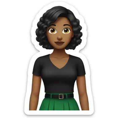 Brown girl with black hair with black shirt green skirt and black heels sticker