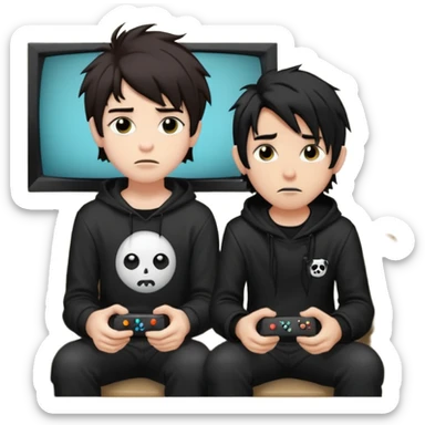 pale Goth boy with a bunch of face piercings, with shaggy dark brown hair, next to a tan skin gamer boy with long black hair , they are watching tv together  sticker