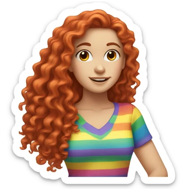 white girl with long red curly hair, wearing a rainbow shirt doing a pose sticker