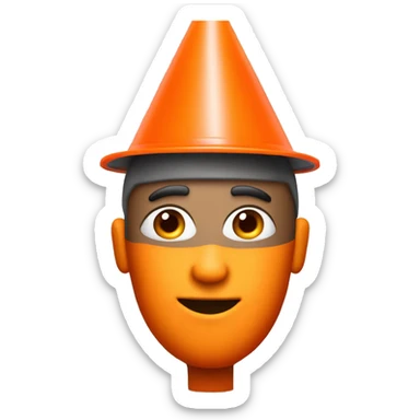 Guy with a traffic orange cone on his head and his eyes sticker