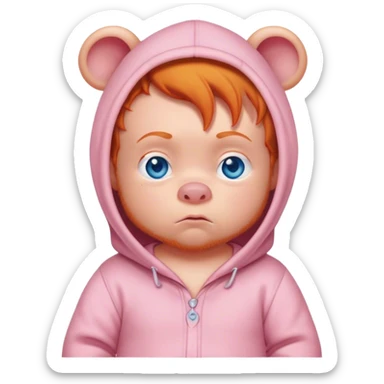 Grumpy ginger baby with blue eyes in onesie with Winnie the Pooh and Piglet on it sticker