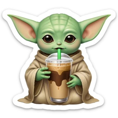 Baby yoda drinking an iced coffee  sticker