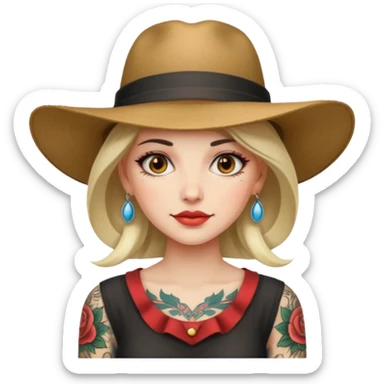 Woman with sleeve tattoos and wide-brim hat sticker
