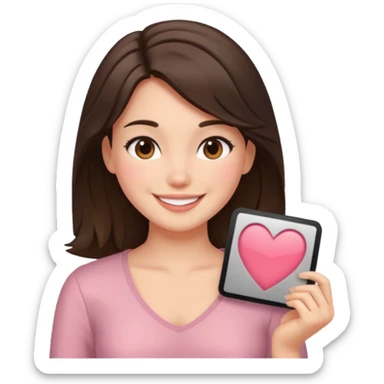 Brunette girl with chest length hair and blushh sticker