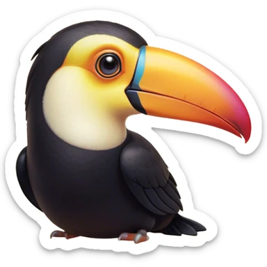 Cinematic Cute Toucan Portrait Emoji, Head tilted playfully and inquisitively, with a delightfully vibrant beak and round, sparkling eyes filled with tropical charm, Simplified yet irresistibly adorable features, highly detailed, glowing with a warm, inviting tropical glow, high shine, affectionate and lively, stylized with a touch of whimsical exotic flair, soft glowing outline, capturing the essence of a mischievous yet loving toucan that seems as if it could flutter out of the screen into your arms! sticker