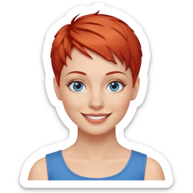 27 year old white woman, red hair, pixie cut, blue eyes sticker