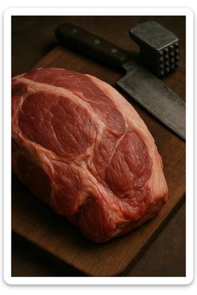 Macro fotografia di carne di maiale cruda, con dettagli che ricordano la consistenza e il colore della carne umana, posata su un tagliere di legno accanto a strumenti da cucina. Atmosfera realistica e leggermente inquietante. sticker