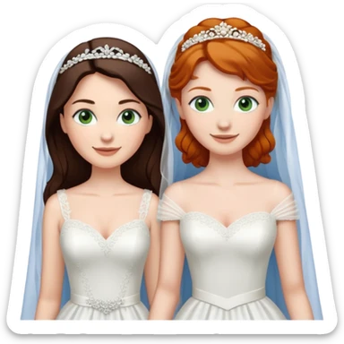 A tall, pale woman with very dark brown hair and green eyes marrying a shorter ginger woman with blue eyes, both in wedding dresses. sticker