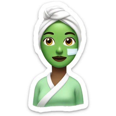 Girl with hair wrapped in towel doing skincare with green face mask on sticker