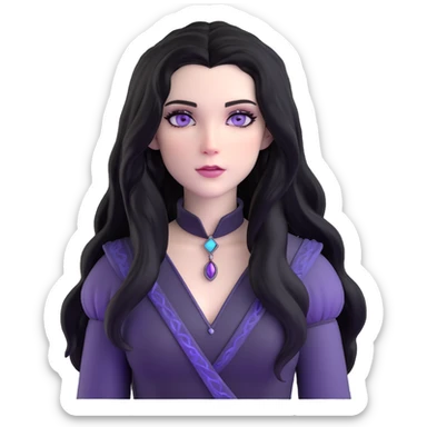 Yennefer from Witcher with long black hair, violet eyes, pale skin, wearing black clothes sticker