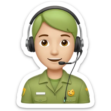 A modern flat emoji depicting a call center employee wearing a light green uniform and headset, with a friendly expression, a minimalist design, bright colors, and a white or transparent background. sticker