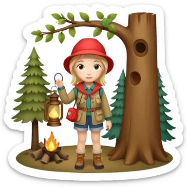 Adorable little girl in camping attire standing beside a tree holding a lantern, looks like it is made of felt texture, scrapbooking style, transparent background sticker