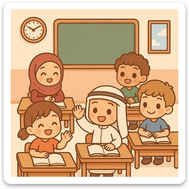cartoon classroom scene with several children, mix of traditional Arab clothing and casual outfits, chibi style, cheerful atmosphere sticker
